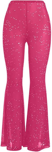 Women Rave Mesh Sheer Pants Flared Bell Bottom Pants for Dance Festival Clubwear | Amazon (US)