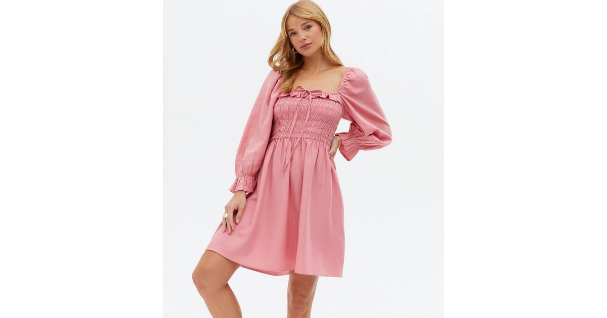 Mid Pink Shirred Frill Square Neck Mini Dress
						
						Add to Saved Items
						Remove from S... | New Look (UK)