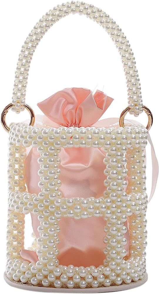 YUSHINY Women Hollow Handmade Pearl Beaded Bucket Evening Bag Artificial Leather Bottom with Pink In | Amazon (US)