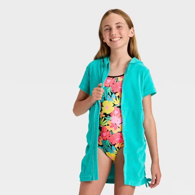 Girls' Side Cinched Terry Zip-Up Swimsuit Cover-Up - Cat & Jack™ Turquoise Blue M | Target