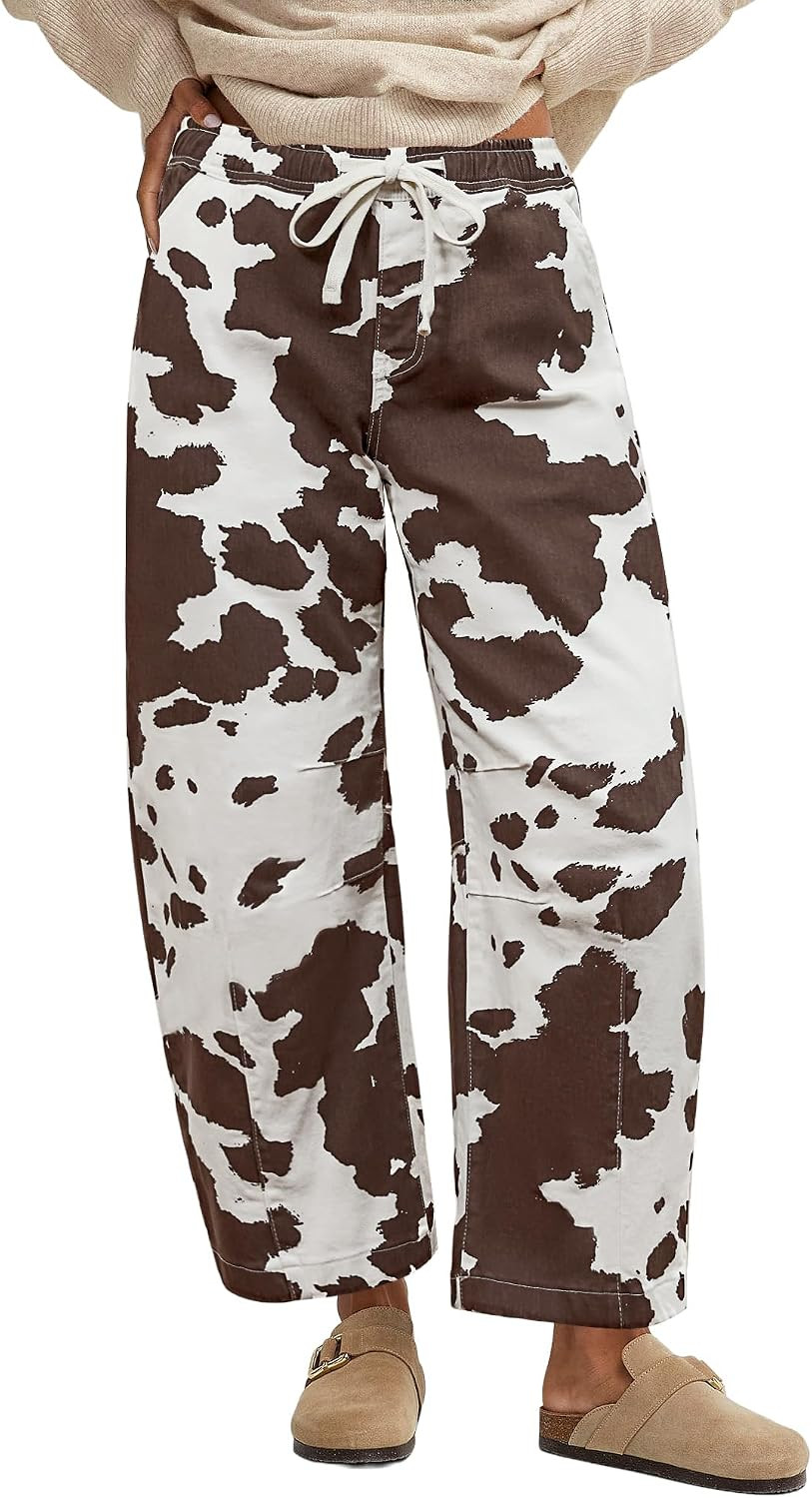 GRAPENT Barrel Jeans for Women Trendy High Waisted Pull On Wide Leg Cropped Leopard Cheetah Print Stretchy Denim Pants | Amazon (US)
