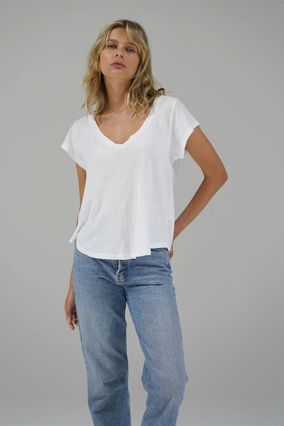 LNA Kaden Cotton V Neck Tee in White | LNA Clothing