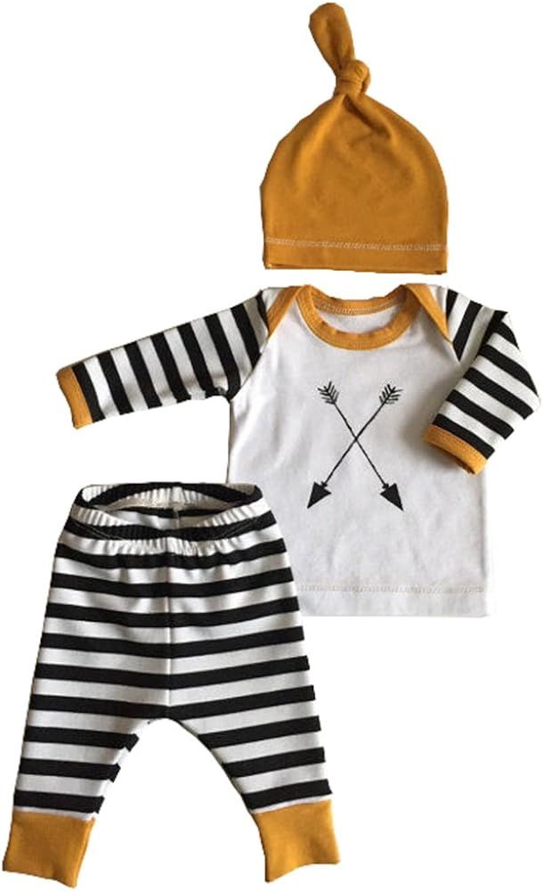 3Pcs/Set Newborn Baby Girl Boy Striped Long Sleeve Tops Pant Hat Outfits Clothes | Amazon (US)