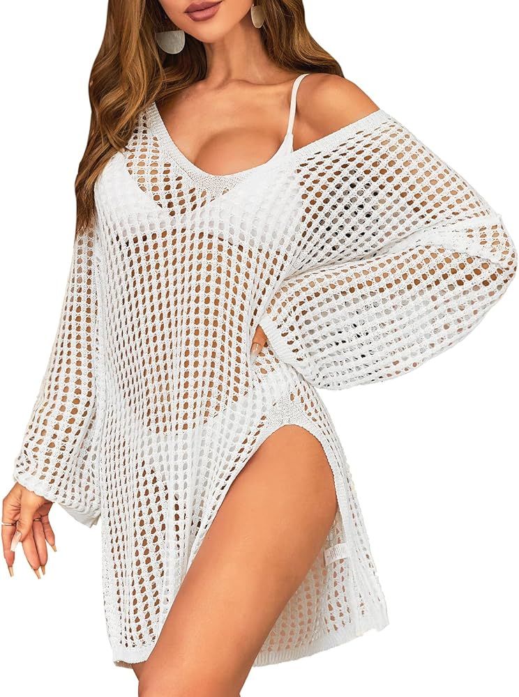 SOCIALA Swimsuit Cover Up Women Crochet Tops Side Split Swim Bikini Bathing Suit Beach Coverups L... | Amazon (US)