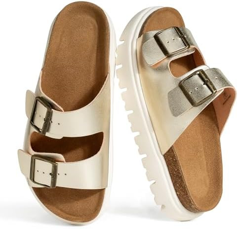 Platform Sandals for Women – Genuine Leather Chunky Wedge Slides with Cork Footbed, Arch Suppor... | Amazon (US)