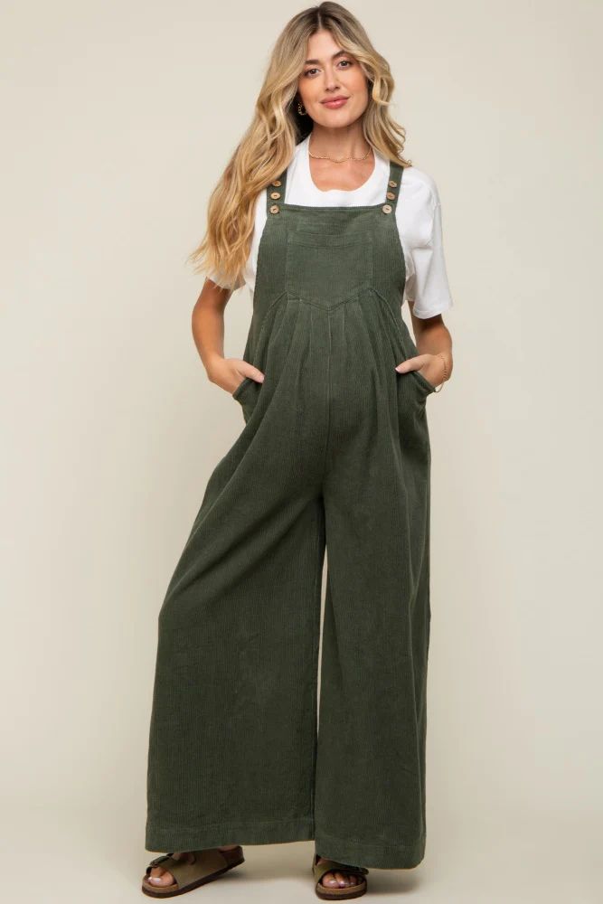 Olive Corduroy Front Pleated Wide Leg Maternity Overalls | PinkBlush Maternity