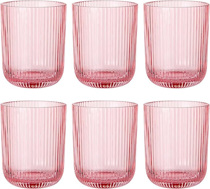 Pink Ribbed Drinking Glasses Set of 6,8.5oz Vintage Highball Tumblers,Colored Glassware for Juice... | Amazon (US)