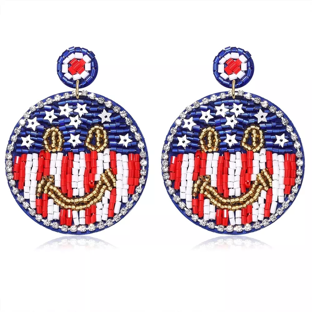 4th of July Earrings Beaded American Flag Star Dangle Earrings for Women Handmade Independence Da... | Amazon (US)