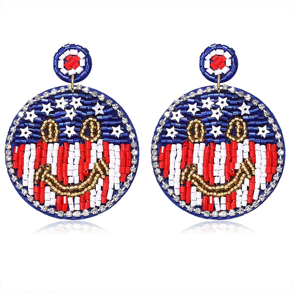 4th of July Earrings Beaded American Flag Star Dangle Earrings for Women Handmade Independence Day P | Amazon (US)