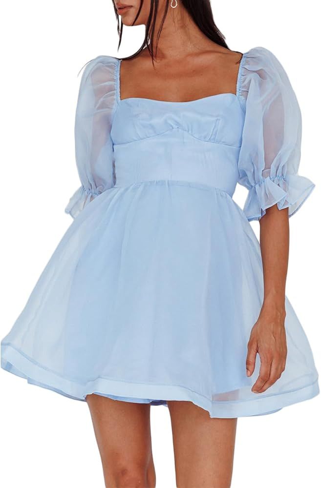 Summer Square Neck Puff Sleeve Organza Babydoll Dress for Women Casual High Waist Tulle Puffy Min... | Amazon (US)