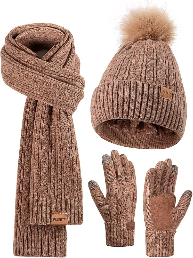 Winter Beanie Hat Scarf Gloves Set for Women, Pom Pom Beanie Fleece Lined Knit Neck Warmer Touchs... | Amazon (US)