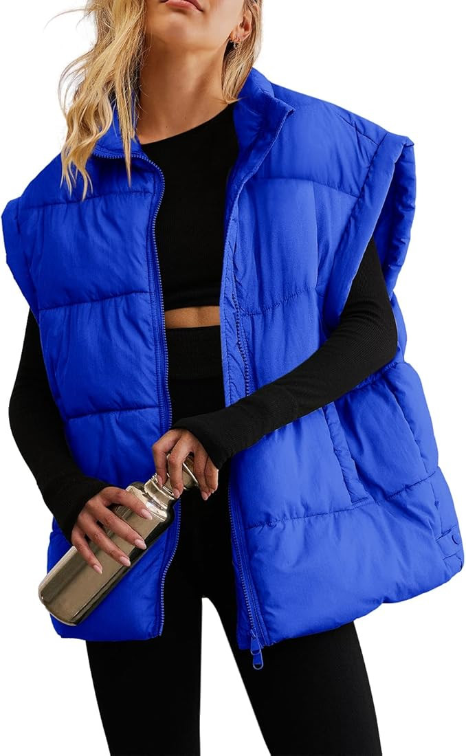 ReachMe Womens Oversized Puffer Vest Zip Up Bubble Vests Stand Collar Cap Sleeves Padded Jacket Q... | Amazon (US)