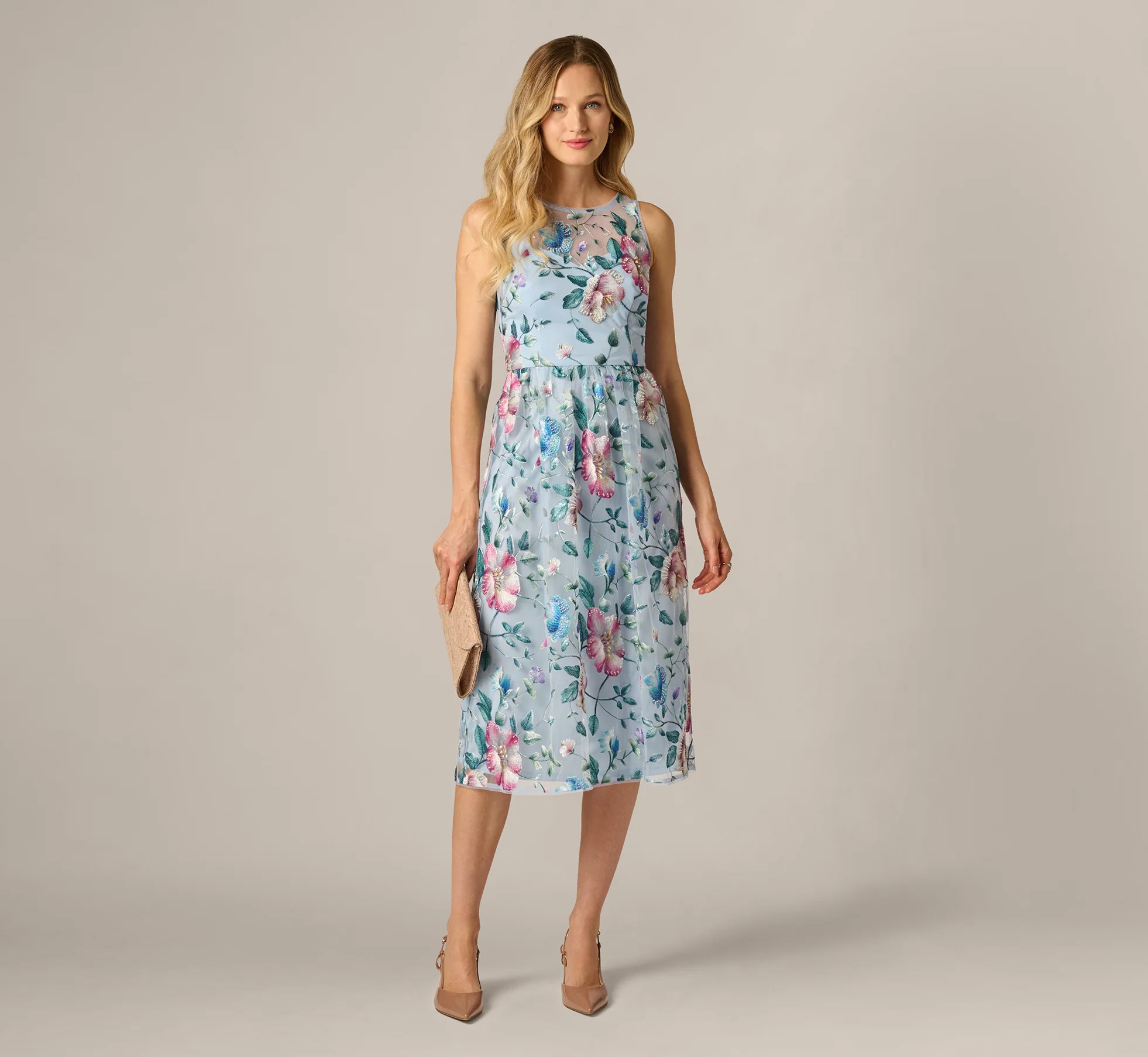 Sequin Beaded Floral Embroidery Illusion Midi Dress In Blue Multi | Adrianna Papell
