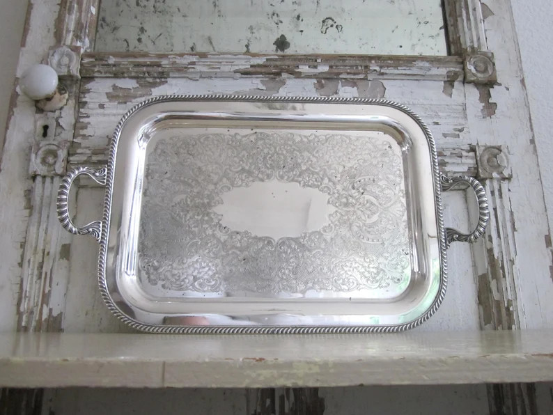 Vintage silver plate tray, handled, vintage bar tray, vintage display, holiday entertaining, coff... | Etsy (US)