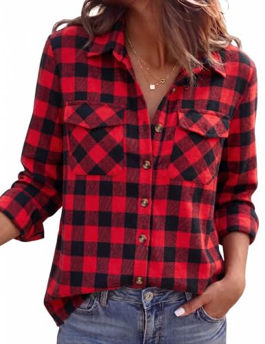 Zeagoo Womens Button Up Shirts Long Sleeve Flannel Tops Dressy Casual Red M | Amazon (US)