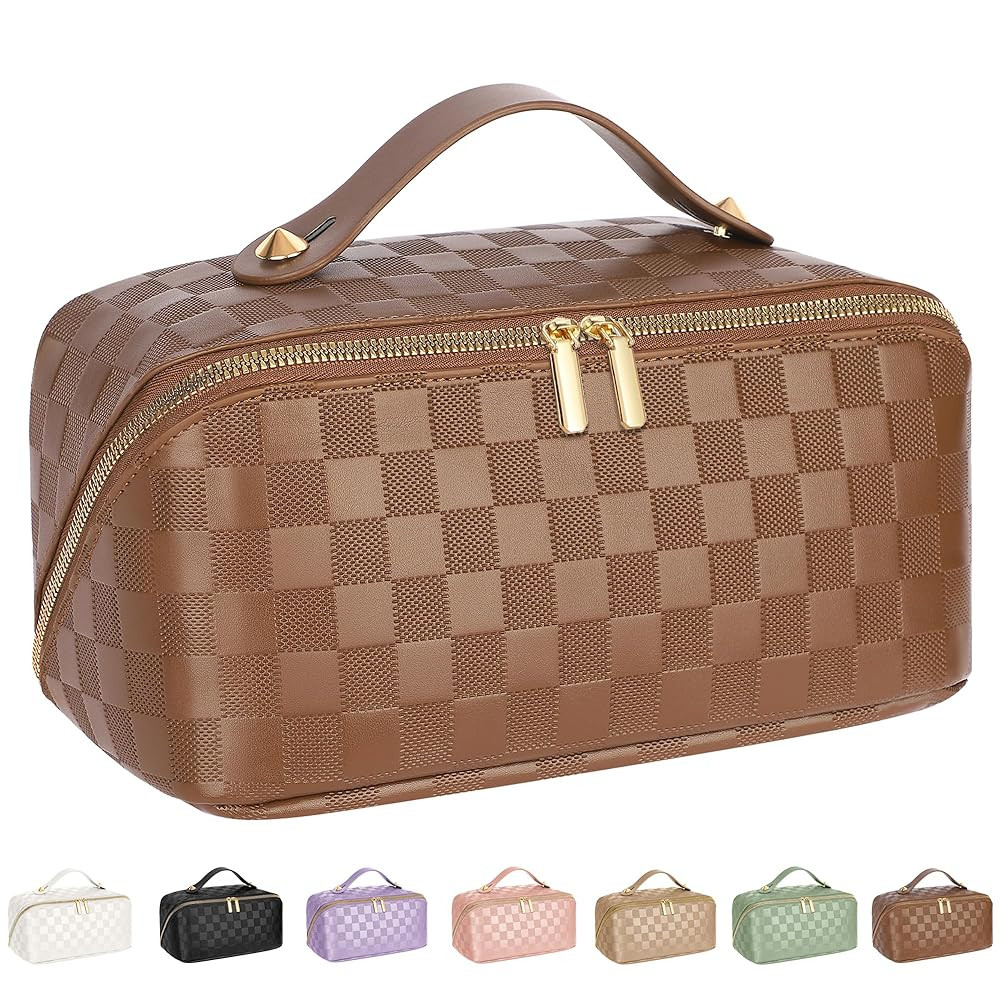 Large Capacity Travel Cosmetic Bag - Portable Makeup Bags for Women Waterproof PU Leather Checker... | Amazon (US)