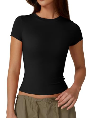 QINSEN Women's Crew Neck Short Sleeve Double-Layer Tops Basic Slim Fit Going Out T Shirt M Black | Amazon (US)