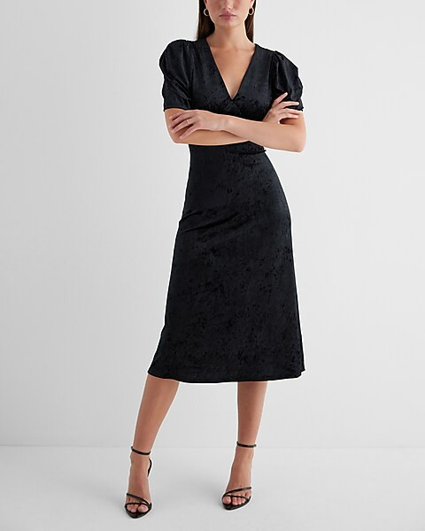Velvet V-Neck Puff Sleeve Midi Dress | Express