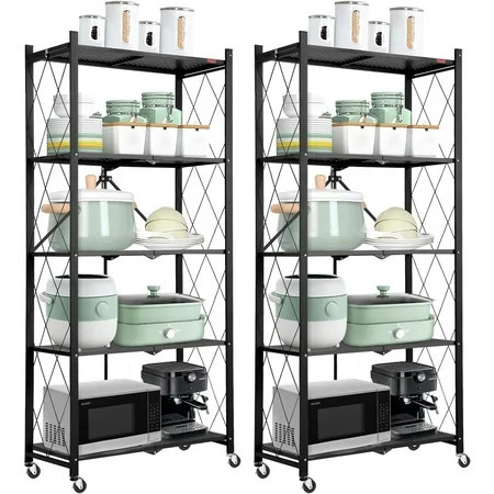 5-Tier 2 Pack Foldable Storage Shelf with Wheels, Heavy Duty Metal Shelf, Kitchen Shelving Units, 27.9"x13.4"x62.5", Black | Walmart (US)