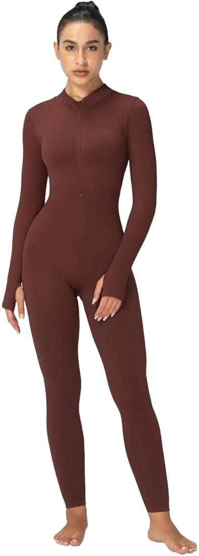 Sunzel Long Sleeve Jumpsuits for Women, Ribbed One Piece Casual Yoga Workout Zip Front Bodycon, L... | Amazon (US)