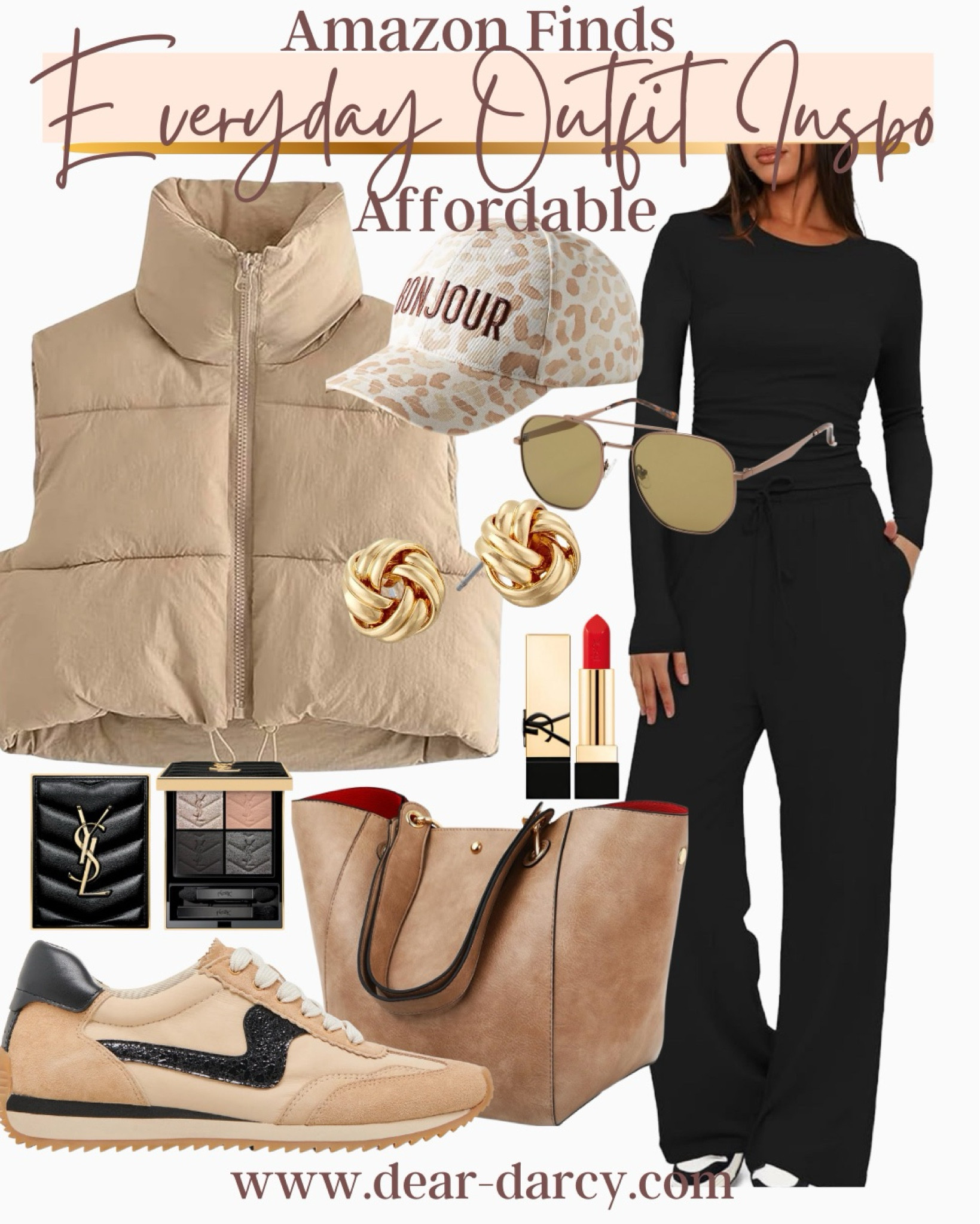 Everyday outfit inspo…
Amazon affordable finds mixed with great accessories ✔️

Amazon Two piece set  tts comes in several color

Puffer vest  tts comes in several colors

Leopard Bonjour ball cap 

Knit stud earrings

Ysl make up 

Great tote 

Tan and black trending sneakers comfy and tts

Sunnies 

#LTKStyleTip #LTKFindsUnder50 #LTKSaleAlert