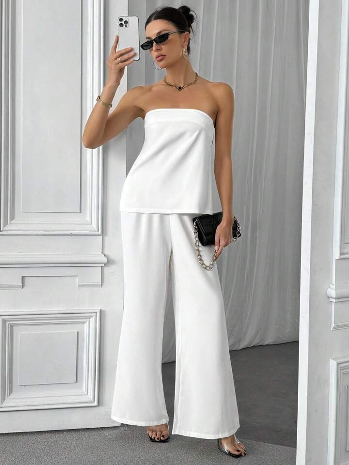 SHEIN Privé Solid Color Loose Bandeau Top And Wide Leg Pants | SHEIN