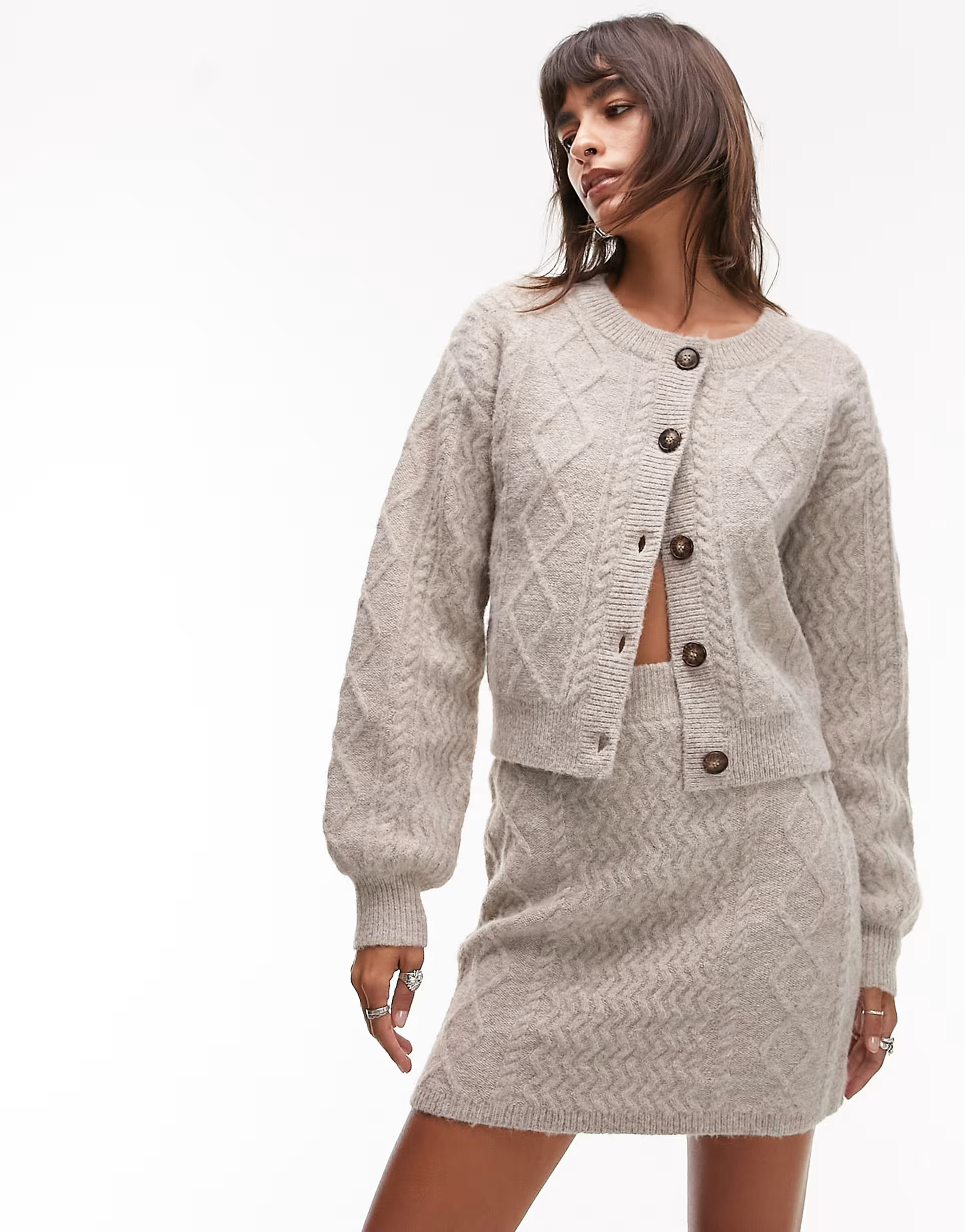 Topshop knitted crew neck cable cardigan in mushroom - part of a set | ASOS (Global)