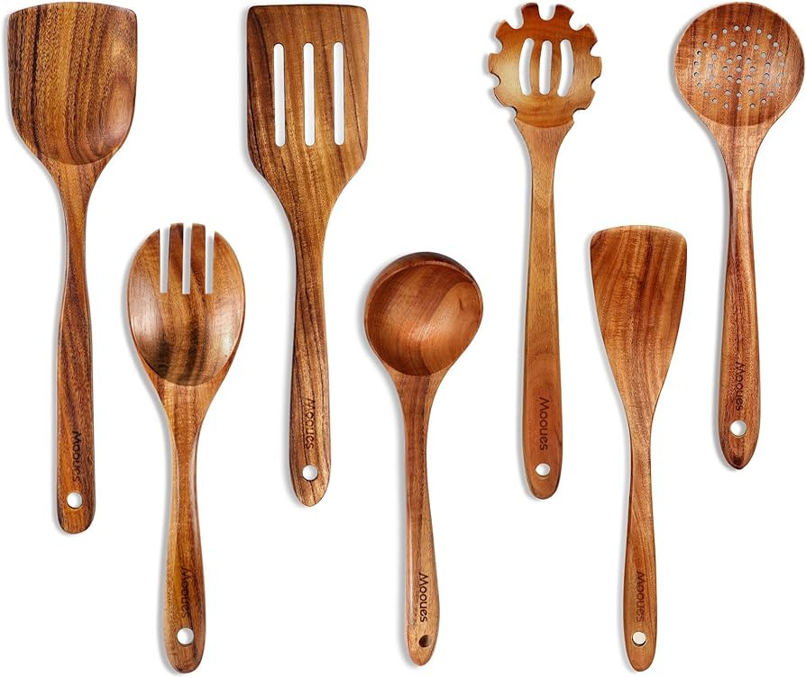 Wooden Spoons for Cooking, 7 Pcs Wooden Utensils for Cooking Natural Teak Wooden Kitchen Utensils... | Amazon (US)