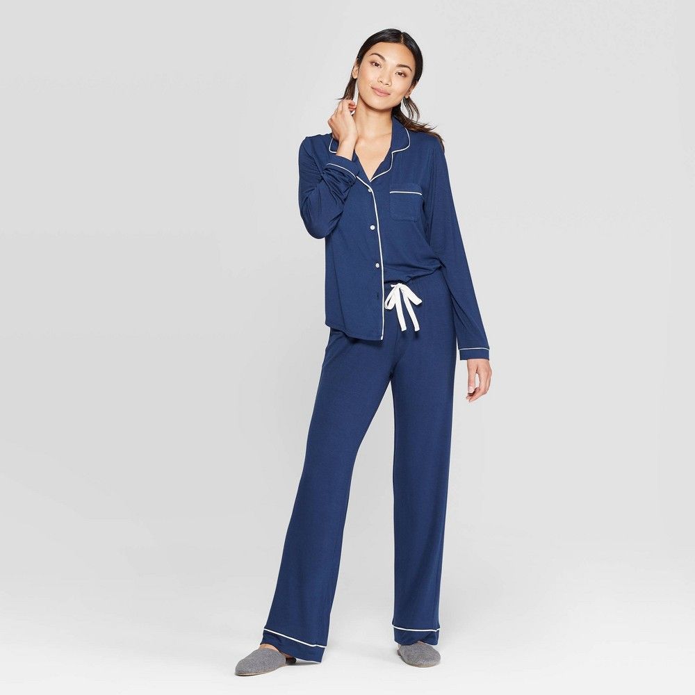 Women's Beautifully Soft Notch Collar Pant Pajama Set - Stars Above Navy XS, Blue | Target