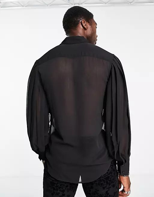 ASOS DESIGN sheer shirt with pleated volume sleeve in black | ASOS (Global)