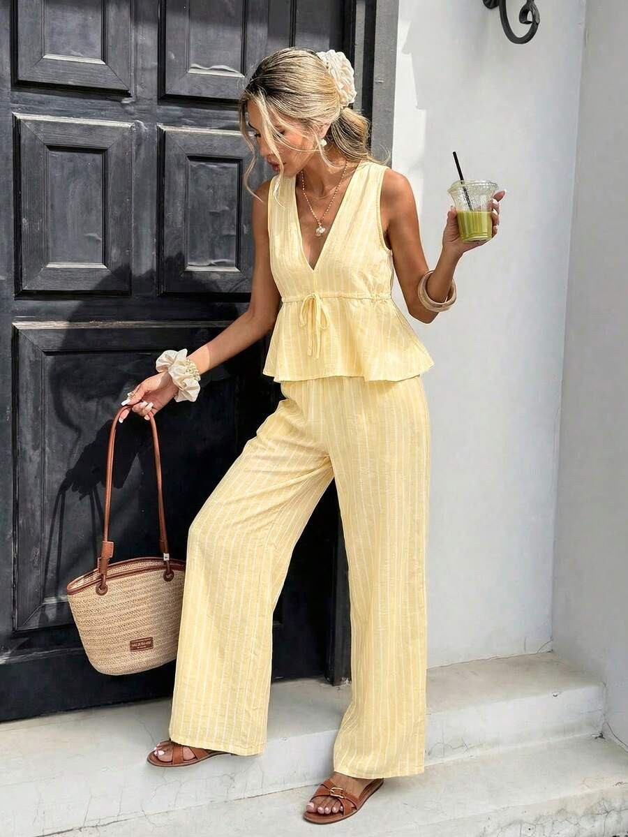 Serisse Women's Vacation Casual Striped Tank Top And Pants 2 Pieces Set | SHEIN