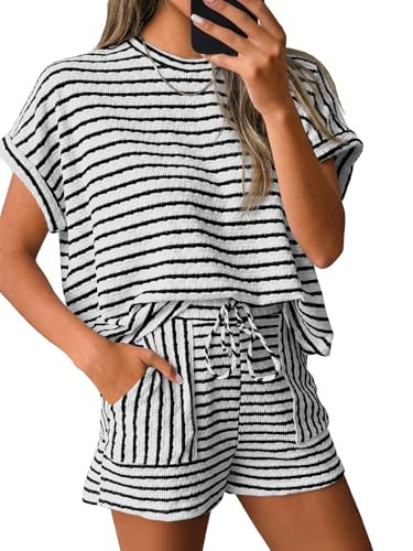 Tankaneo Womens Striped Summer 2 Piece Short Sets Short Sleeve T Shirts Drawstring Shorts Casual Outfits Lounge Pajama Sets | Amazon (US)