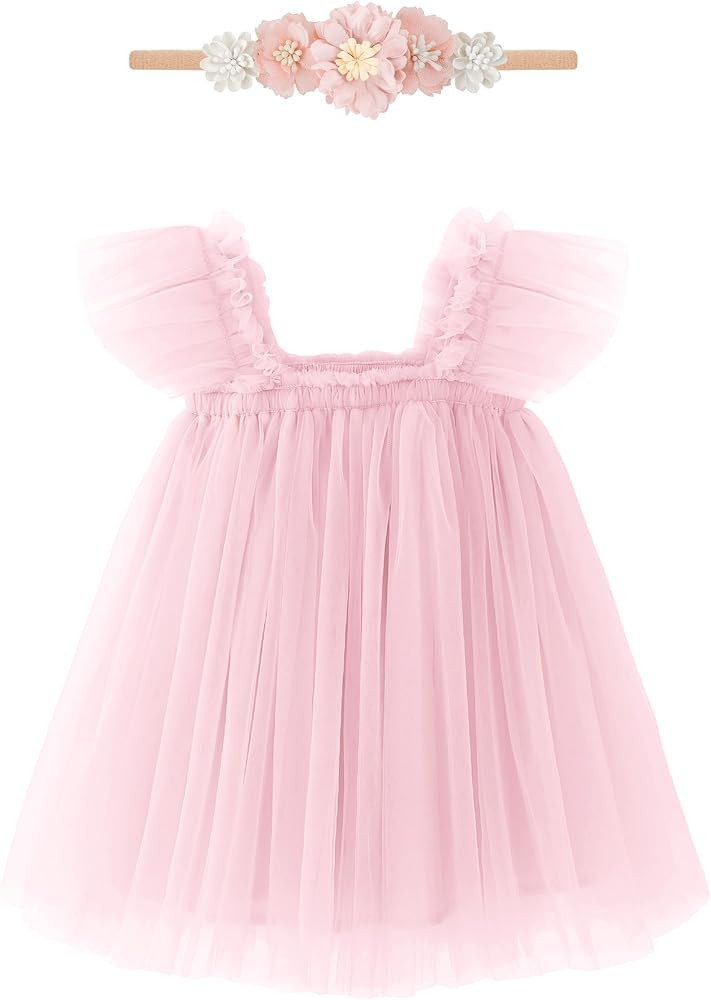 Baby Girl First Birthday Outfit Cake Smash 1st Birthday Dress with Flower Headband | Amazon (US)