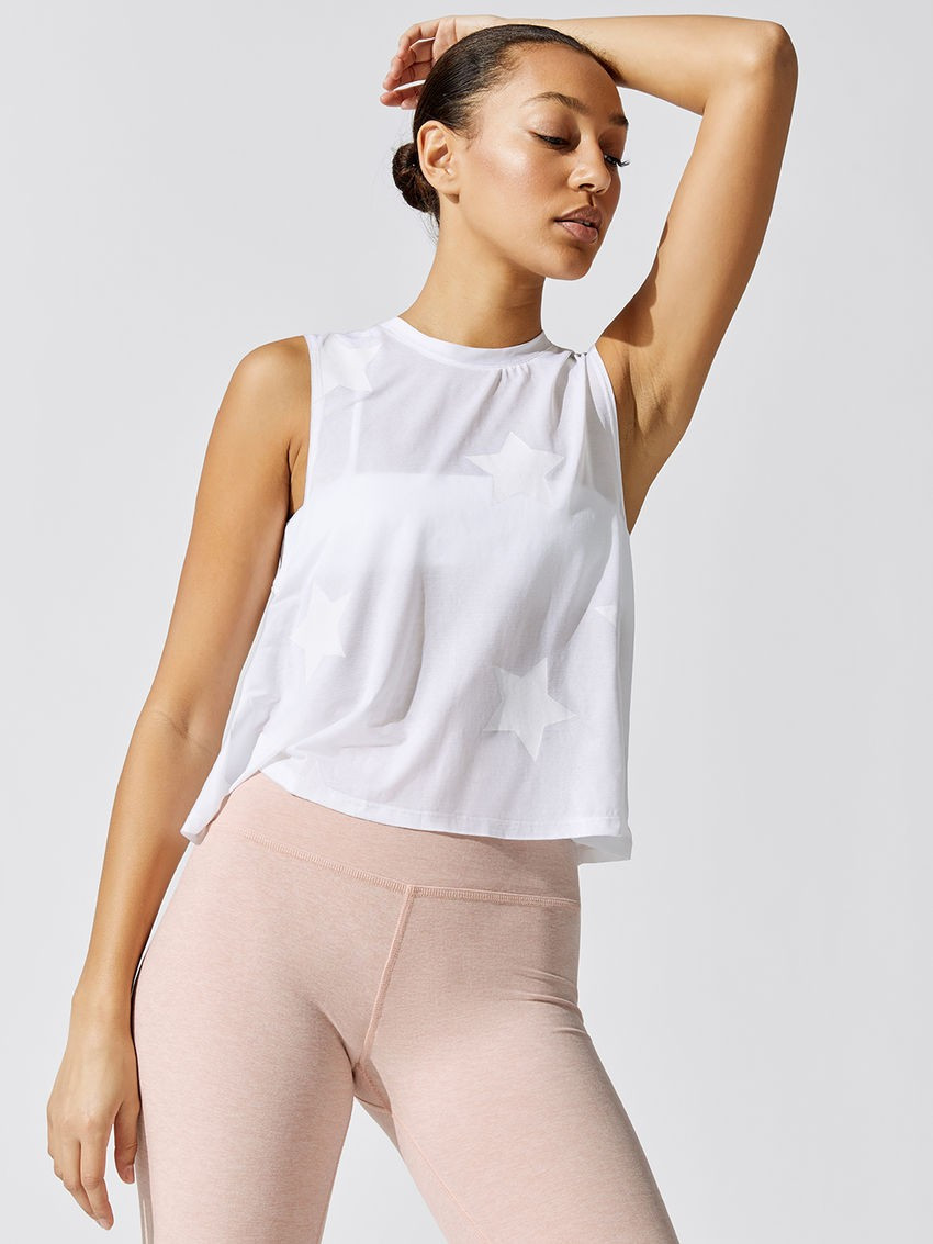 Stars Active Tank Tops in White Iridescent Star Print | Carbon38