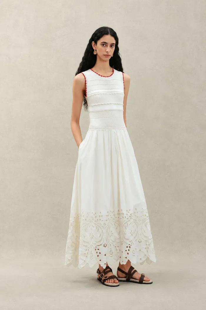 Charlie Mix Media Hand-Embroidered Trim Dress in Cotton-Cashmere and C | Fabrique