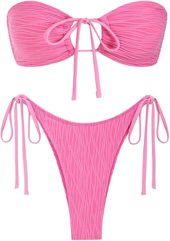 ZAFUL Women O Ring Bandeau Bikini Set, Strapless Swimsuit Tie Bikini High Cut 2 Pieces Bathing Su... | Amazon (US)