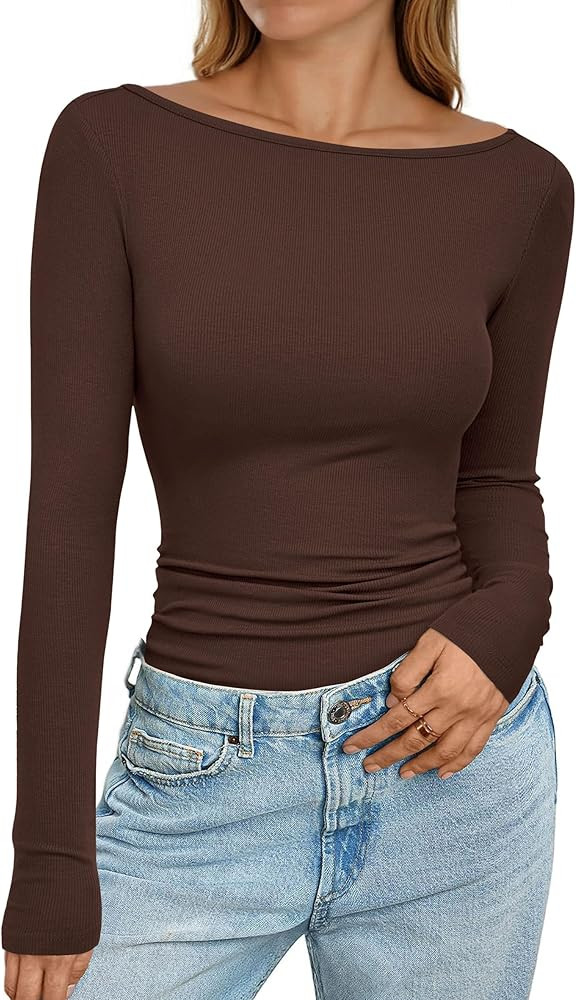 PRETTYGARDEN Long Sleeve Shirts for Women 2025 Fall Boat Neck Ribbed Knit Ruched Fitted Going Out... | Amazon (US)