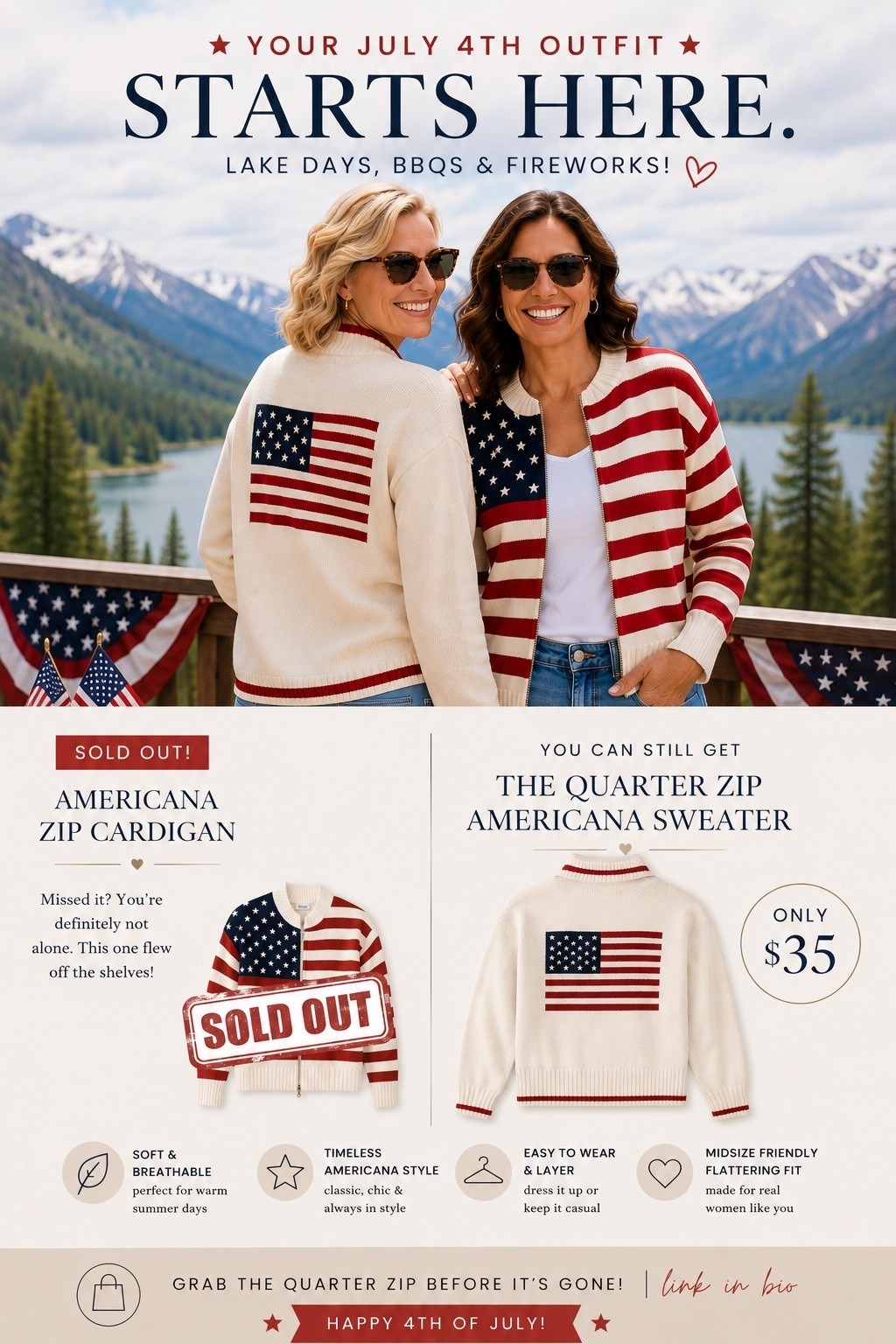 ✨Tap the bell, save and ❤️ for over 40 fashion, midlife style, midsize fashion and luxury looks for less. 

The cardigan everyone wanted is officially sold out...

But before you get too disappointed, look at the sweater. 🇺🇸

The Americana Quarter-Zip is still available for just $35, and honestly, the flag detail on the back might be my favorite part.

It's the kind of piece that makes a simple pair of denim shorts feel intentional.

Perfect for:
✨ Lake days
✨ Backyard BBQs
✨ Fireworks
✨ Cool mountain evenings

If you've been looking for a July 4th outfit that feels festive without looking costumey, this is it.

The sold-out cardigan proved how much women are loving Americana style this year.

This is your second chance.

❤️ Comment JULY and I'll send you the details.

-Lindsey

Helping you look good, feel good. 🤍

#July4Style #AmericanaStyle #Over40Style #Over50Style #MidlifeStyle #MidsizeFashion #DenimShorts #FourthOfJulyOutfit #SummerStyle #GenXStyle #AffordableFashion
 

 #LTKOver40 #LTKMidsize #LTKPlusSize

Comment SHOP below to receive a DM with the link to this post on my LTK ⬇ https://liketk.it/6fXl5