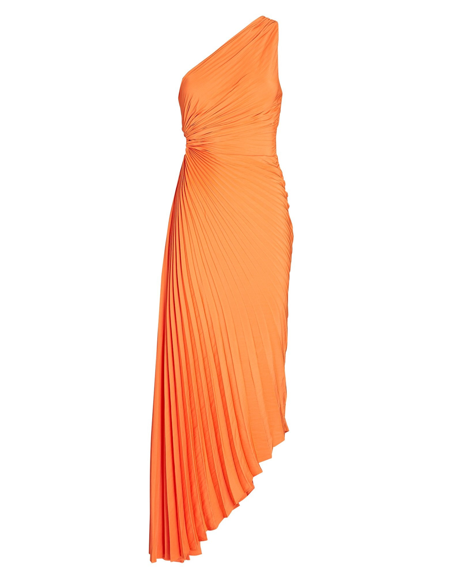 A.L.C. Delfina One-Shoulder Plissé Maxi Dress, Orange 10 | INTERMIX