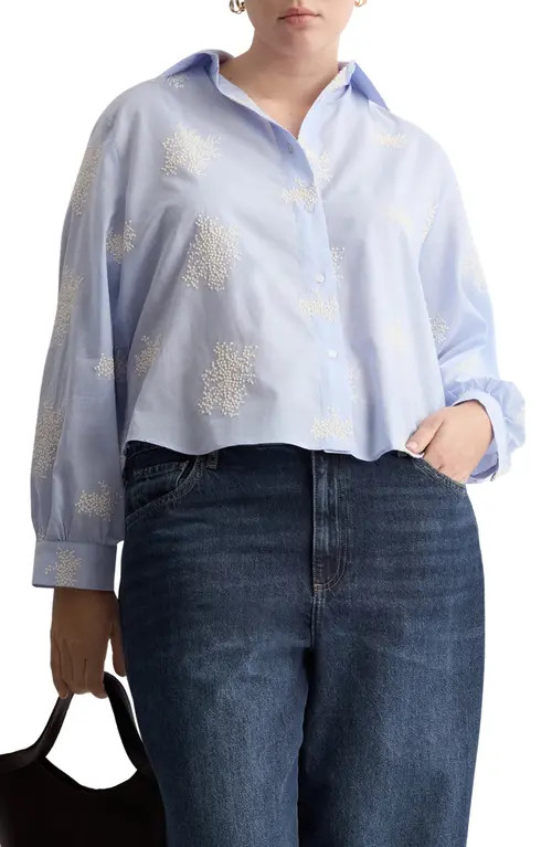 MANGO Floral Embroidered Button-Up Shirt in Sky Blue at Nordstrom, Size 6 | Nordstrom