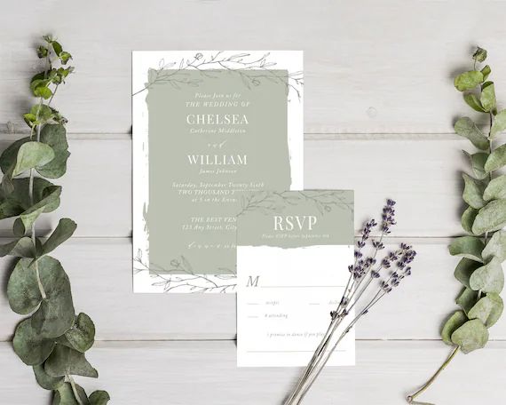 Painted Sage Wedding Invitations & RSVP Card Set Rustic Sprig | Etsy | Etsy (US)