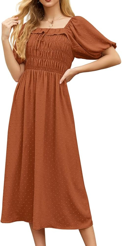 GRECERELLE Womens Summer Casual Midi Maxi Dress Square Neck Half Sleeve Ruffled Backless Smocked ... | Amazon (UK)