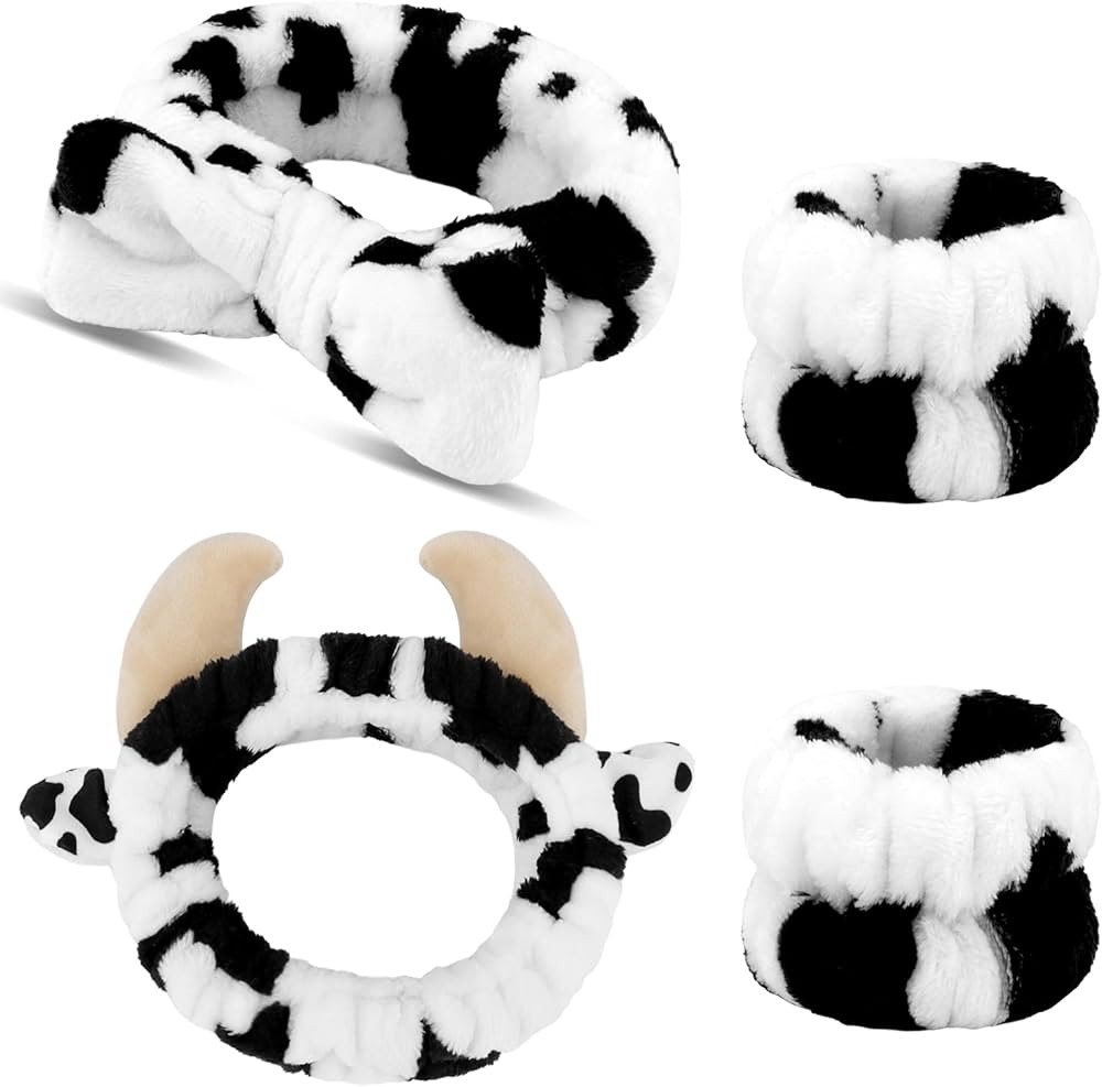 Canitor Cow Print Spa Headband and Wrist Bands Kit - Soft Makeup Headband Cute Cow Ears Skincare ... | Amazon (US)