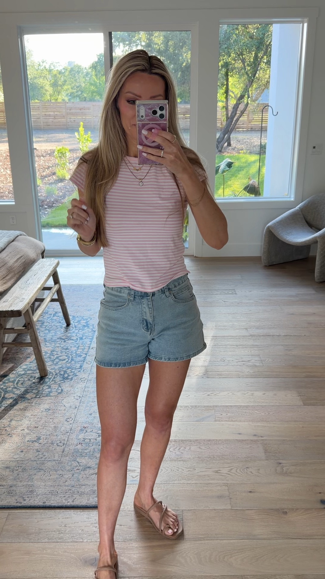 The cutest Amazon tee wearing size small. Perfect denim shorts wearing size small. Amazon OOTD.
