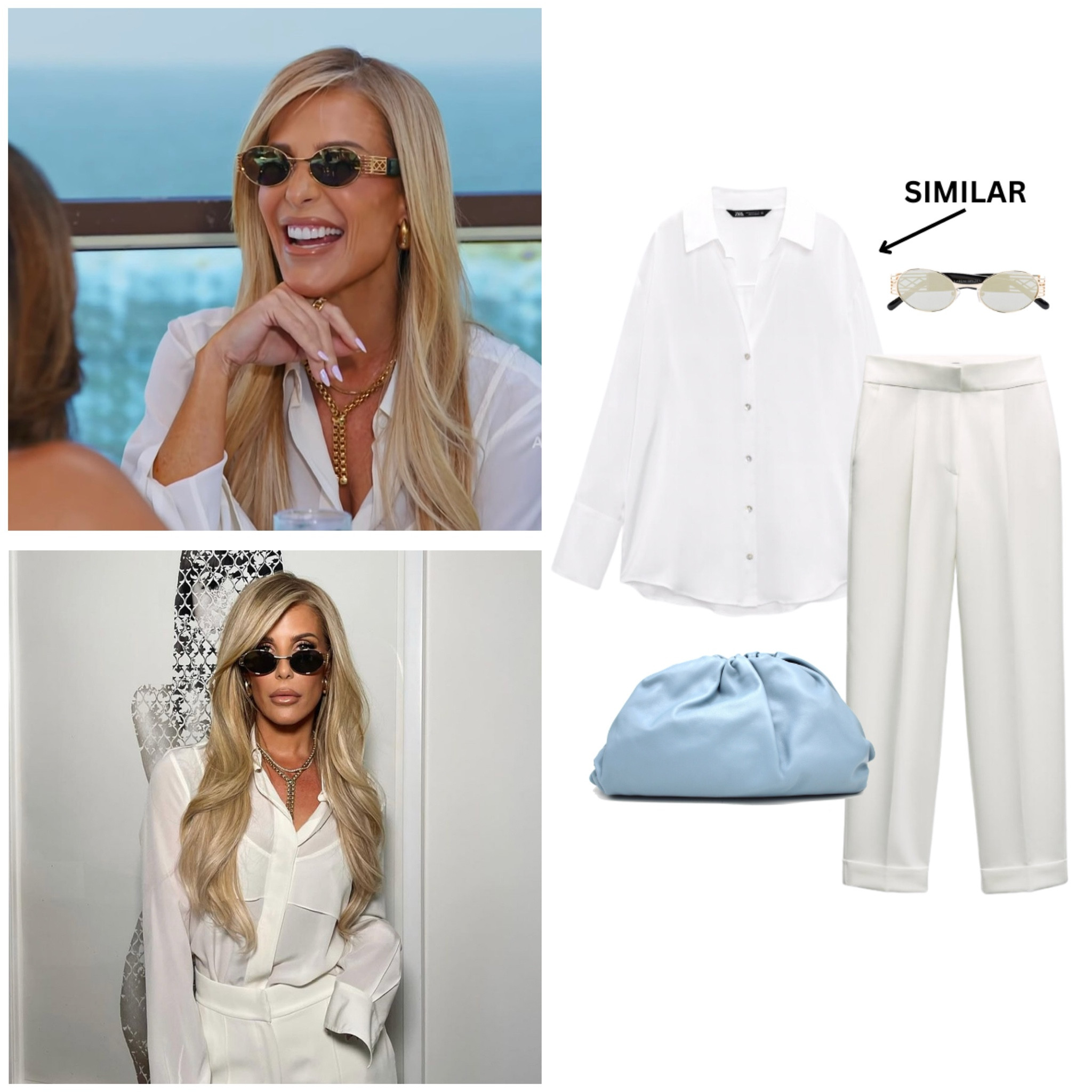 Tracy Tutor’s White Shirt (similar linked, original sold out by Victoria Beckham), Pants sold out at Zara, Light Blue Clutch (linked) and Gold Oval Sunglasses sold out by Karen Wazen📸 = @tracytutor