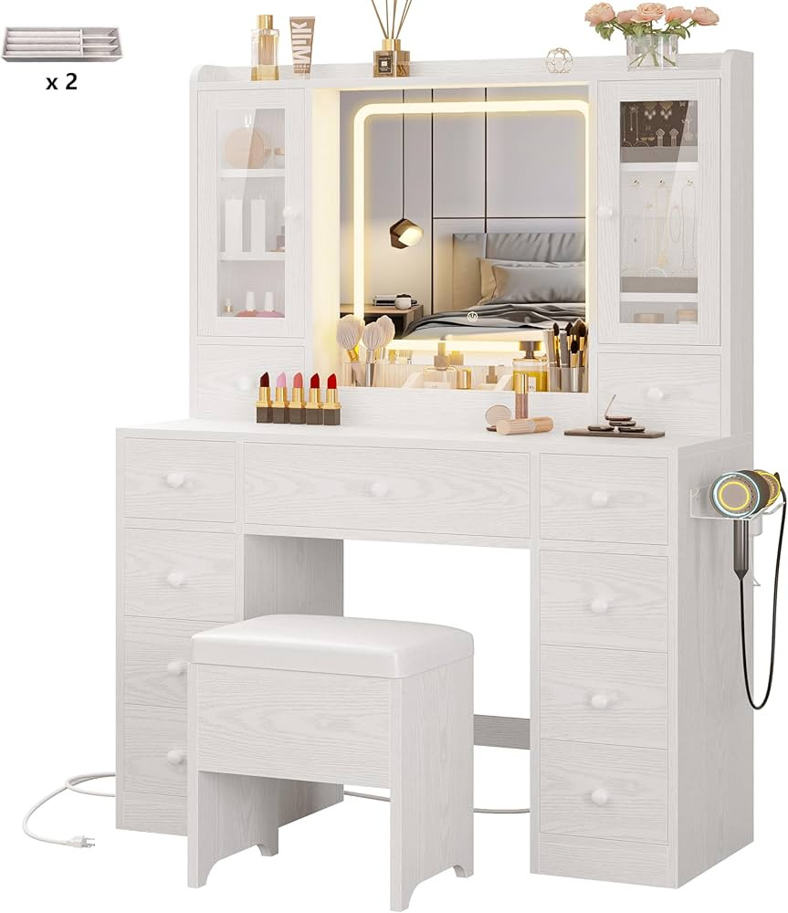 IRONCK Vanity Desk with LED Lights Mirror and Charging Station, Makeup Vanity Table with Jewelry ... | Amazon (US)