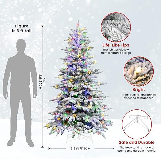 Alupssuc 7.5ft Prelit Artificial Hinged Snow Flocked Christmas Tree, Warm White&Multi-Color Light... | Amazon (US)