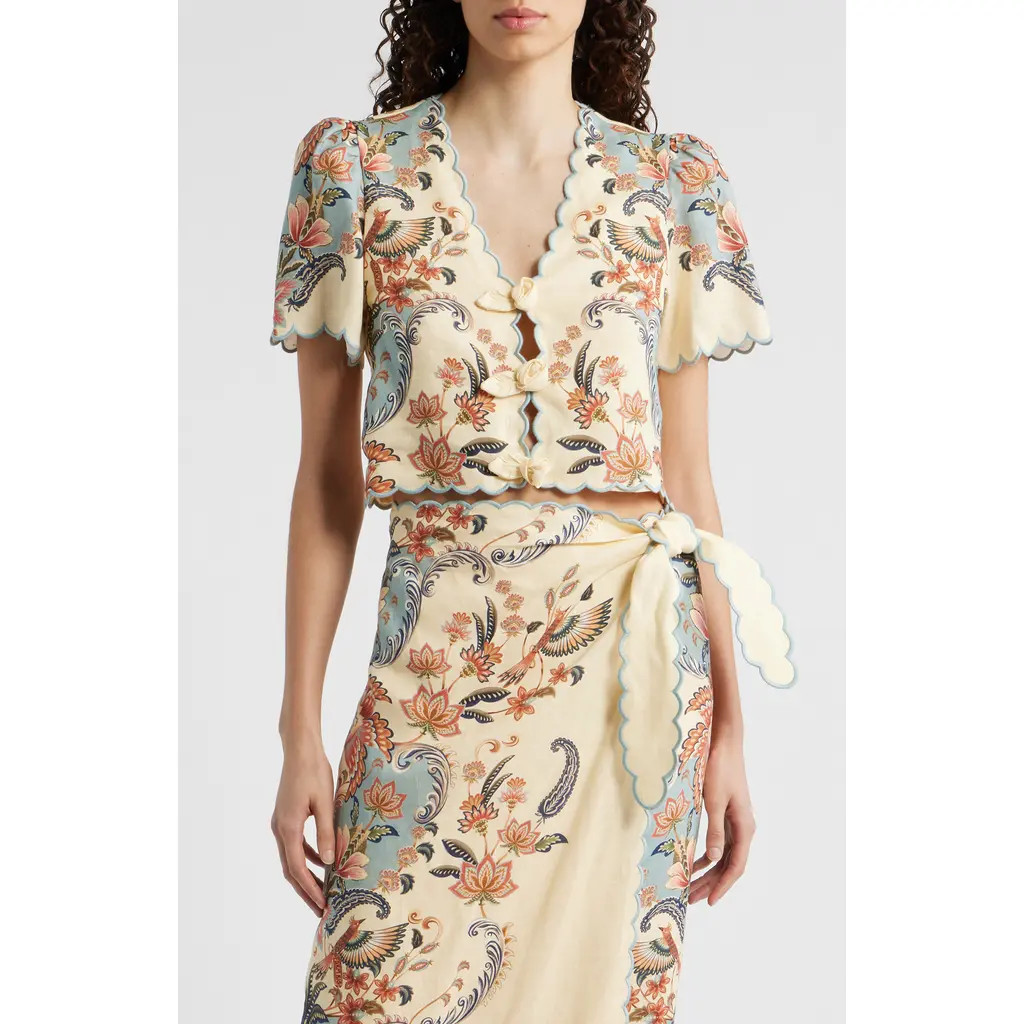 FARM Rio Boho Beauty Scallop Edge Linen Top in Boho Beauty Butter at Nordstrom, Size X-Large | Nordstrom