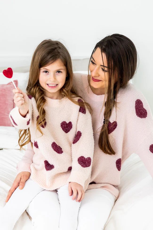 Serendipity Love Kid's Fuzzy Heart Pink Sweater | The Pink Lily Boutique
