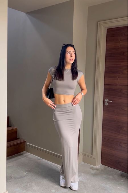 Grey outfit, maxi skirt, backless top, transitional style, Bershka, ASOS, autumnal outfit, matching set, coord, white trainers, smart casual outfit, comfy day outfit, OOTD, outfit inspo 

#LTKeurope #LTKSeasonal #LTKstyletip
